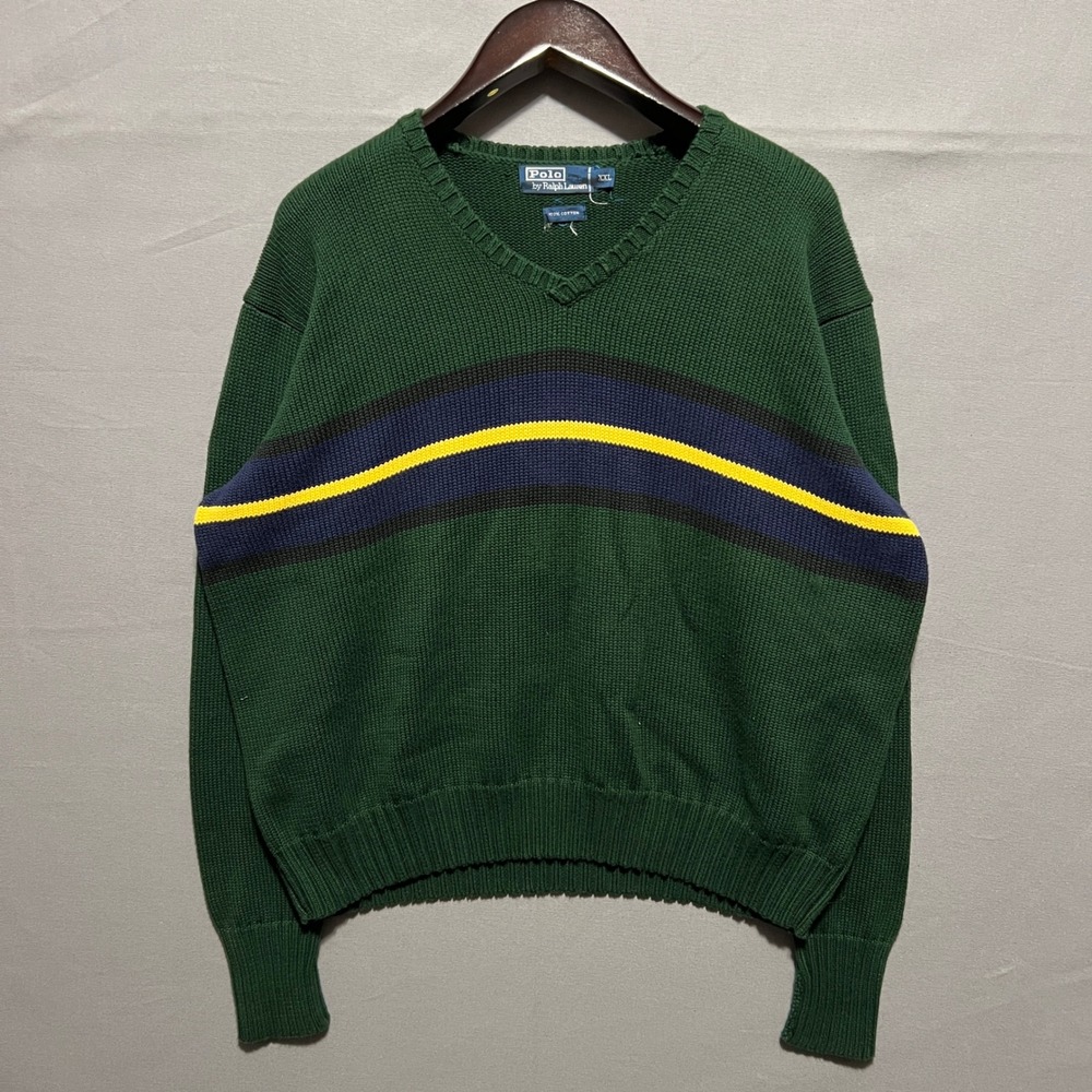 Polo Ralph Lauren Green V-Neck Sweater XXL Shaker Knit Striped Cotton Vintage